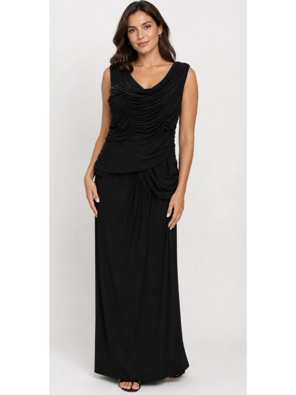 Adrianna Papell Evening Gown Maxi Dress Sz 14 Black Formal Cowl Neck Sleeveless